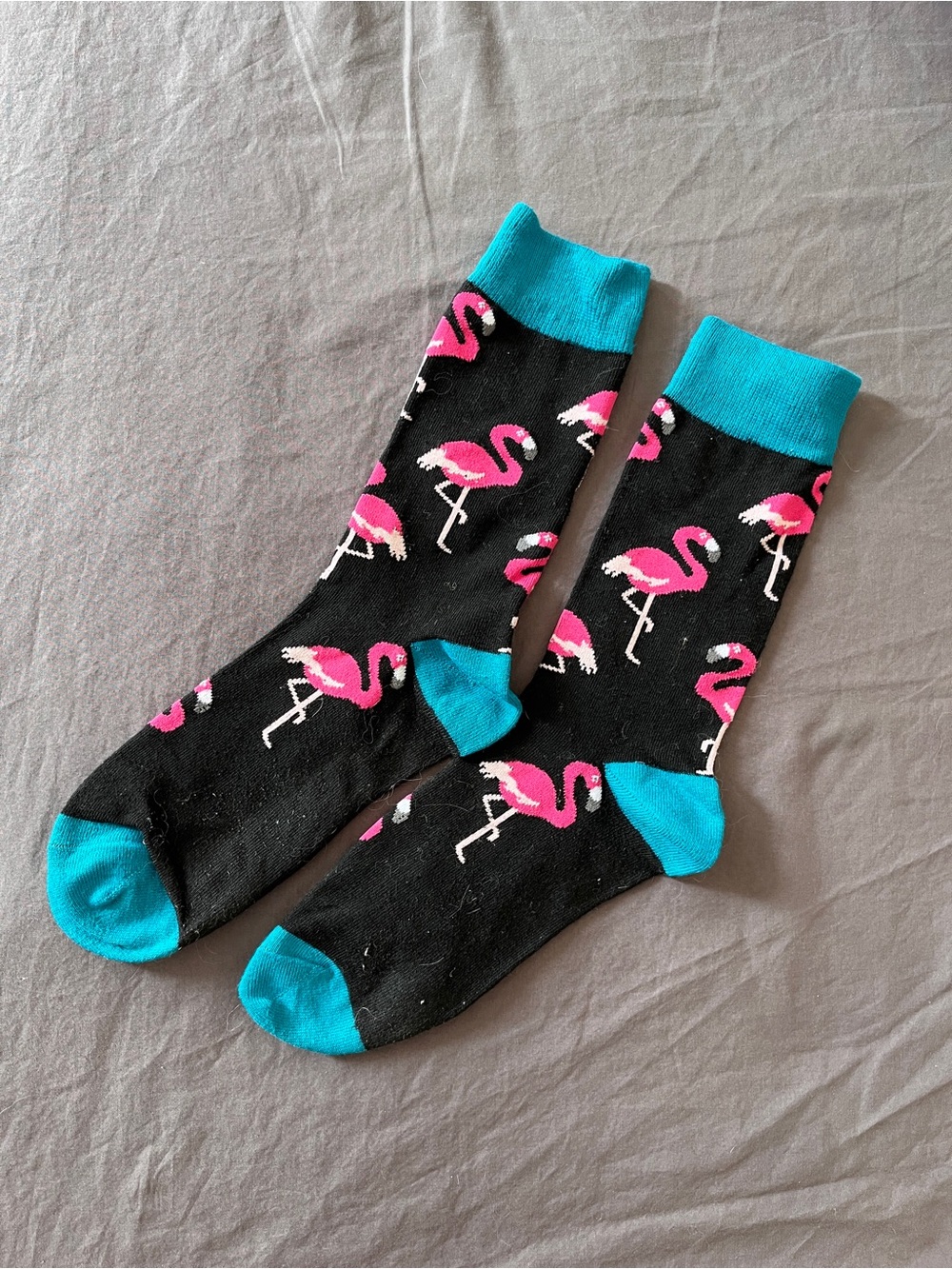 Men's Black Socks with Pink Flamingo Pattern and Teal Accents